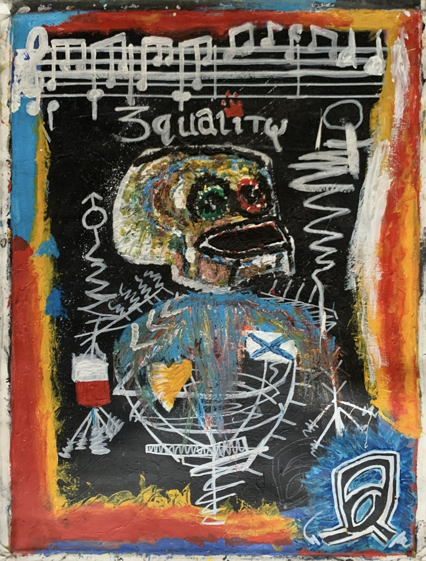 Raw figurative painting on black with musical notation and symbols