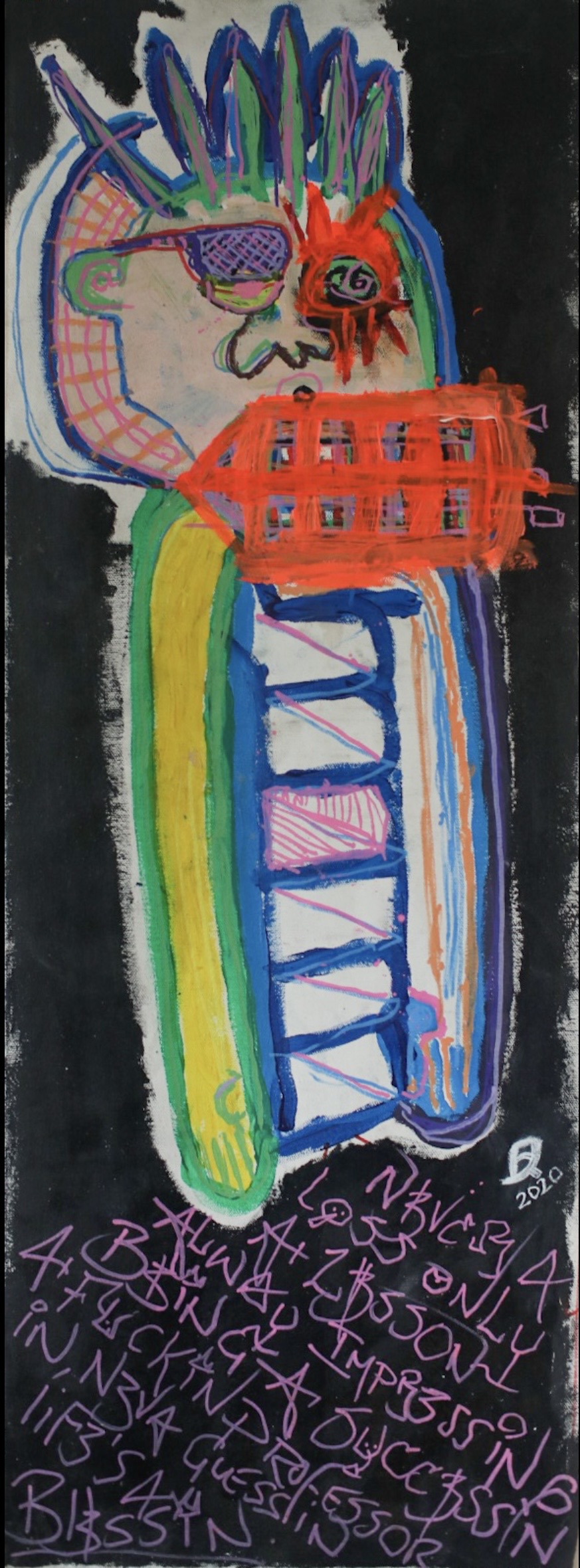 Tall abstract figure with bright linear colour on black