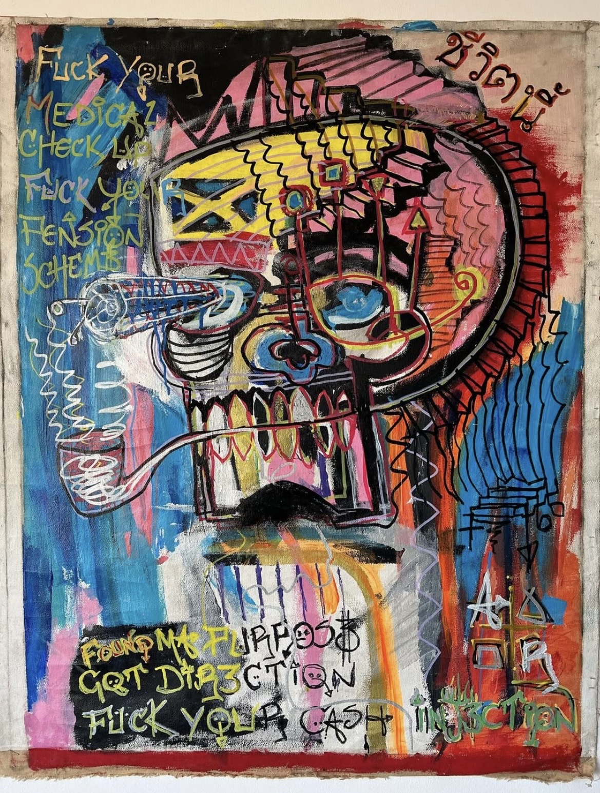 Layered expressionist skull portrait in pink, blue and yellow with handwritten text