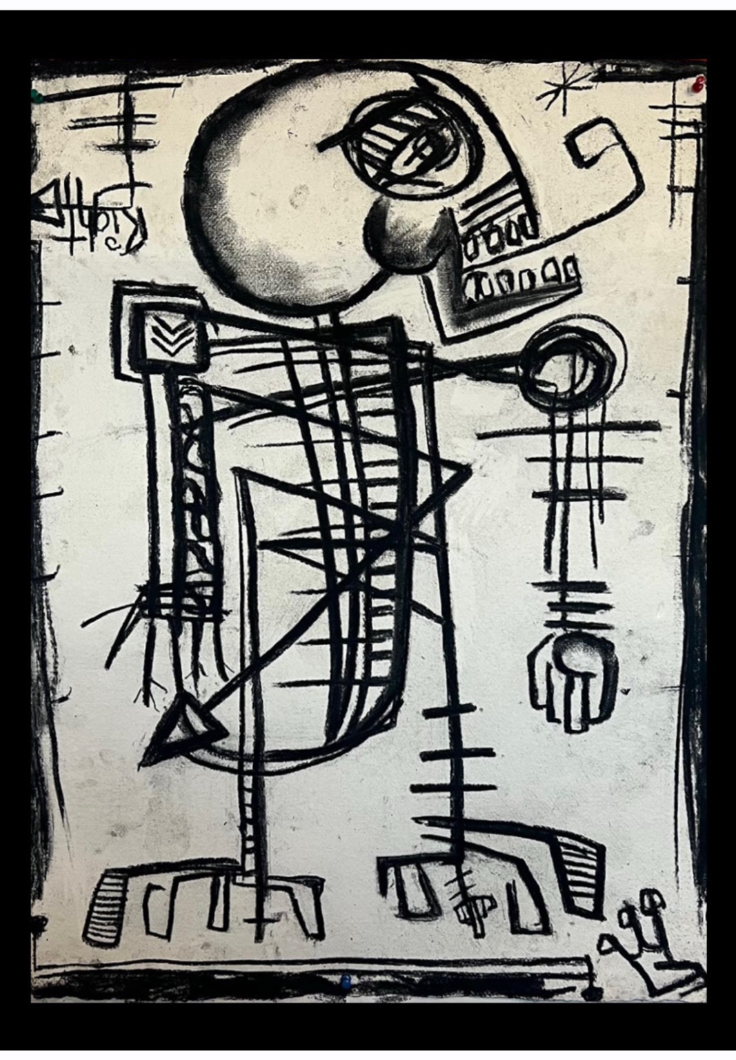 Black linear figure on a pale ground with geometric symbols