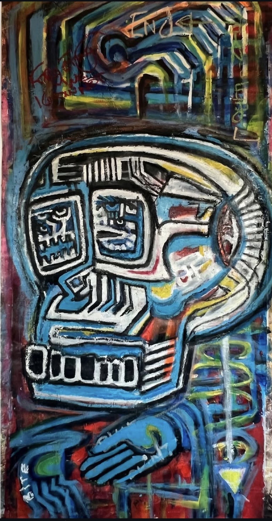 Tall expressionist painting of a fractured mechanical figure in blue, black and white