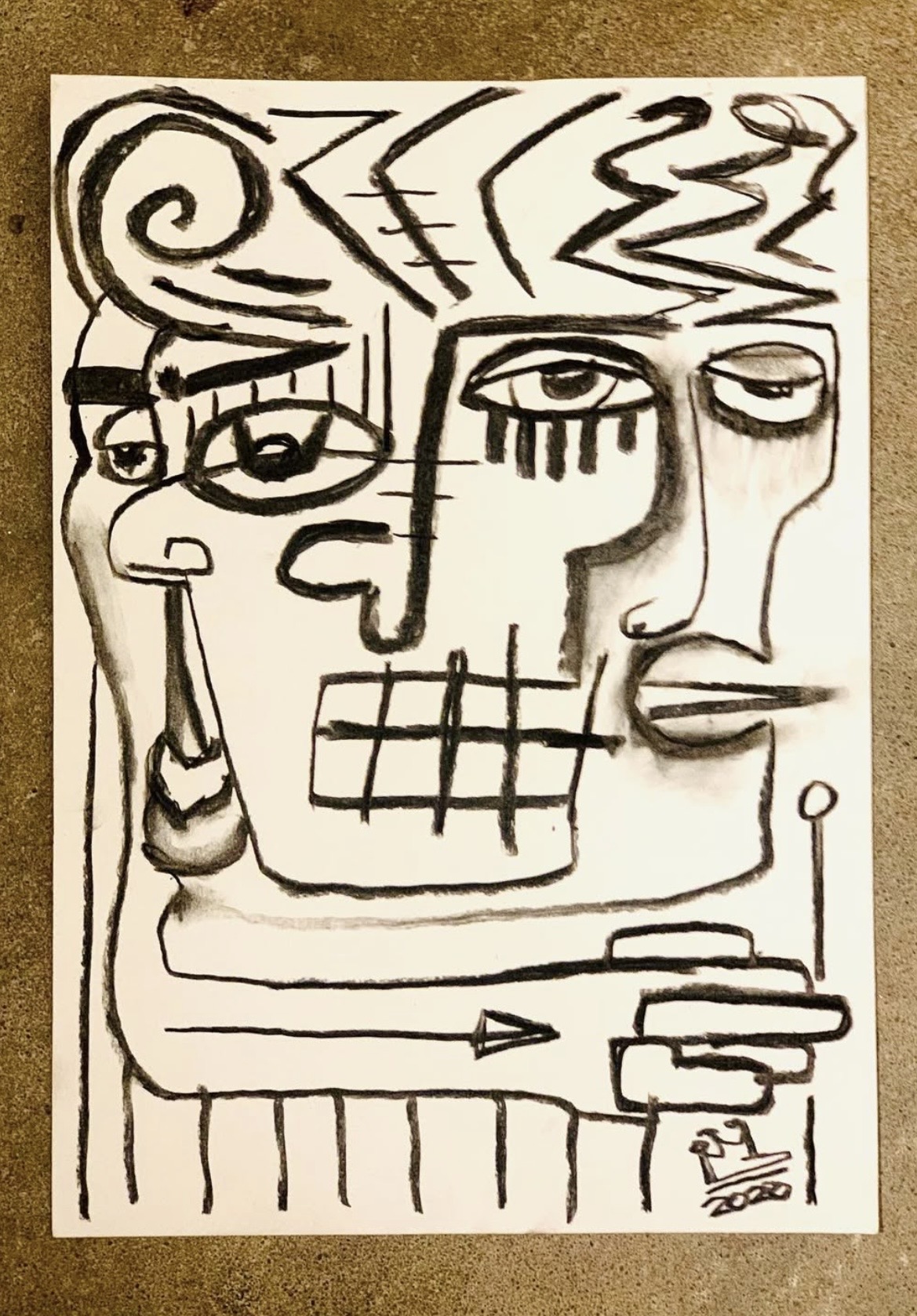 Black linear portrait with multiple faces, eyes and geometric marks on a pale ground