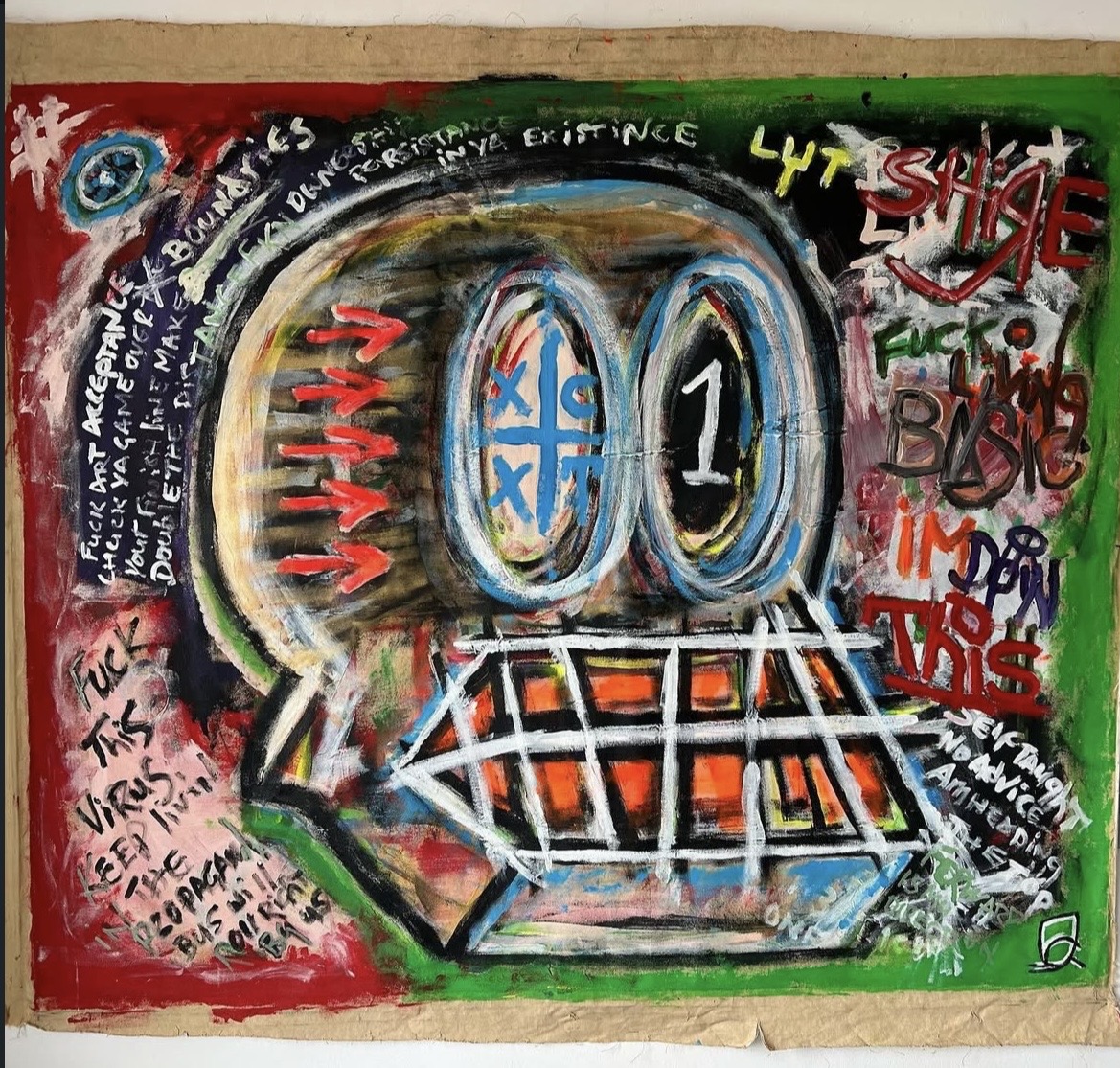 Expressionist skull-like face surrounded by handwritten fragments in red, green and black