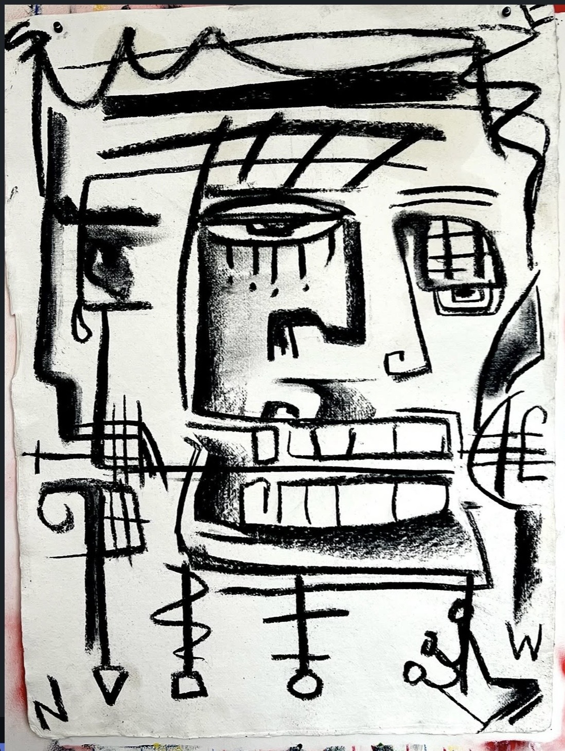 Black linear face with layered eyes, teeth and geometric symbols on a pale ground