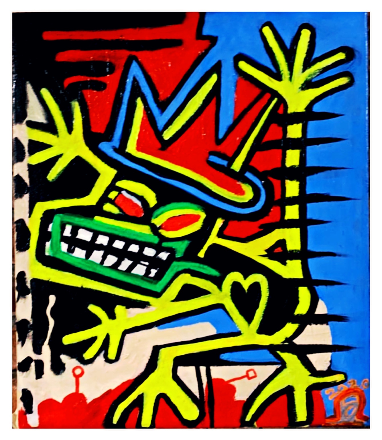 Vivid expressionist figures in fluorescent yellow, red, blue and green on black