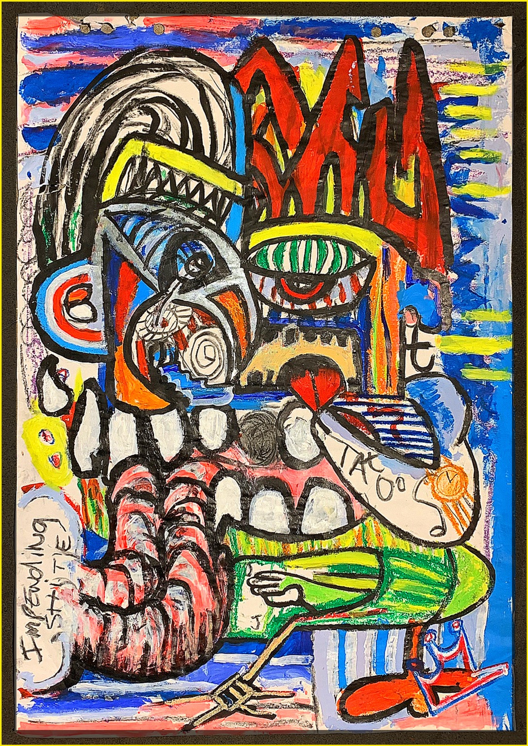 Layered expressionist face with crown, eyes, teeth and intertwined figures in vivid primary colours