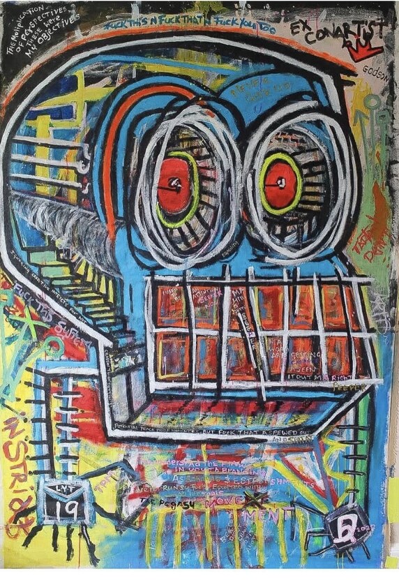 T.P.M (never g!v3 up), a large expressionist mixed-media face painting by R.P. Gribben
